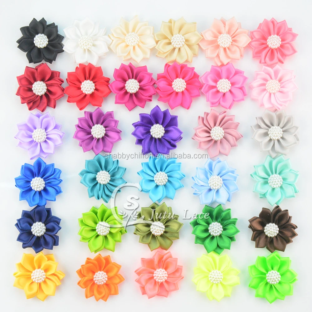 
High quality satin ribbon handmade flowers ,Pearls Center Flower In 4cm fabric sequined beaded flower 