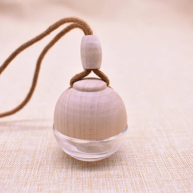 Мини-подвесной автомобильный стеклянный флакон для парфюма с деревянным колпачком и лазерным логотипом