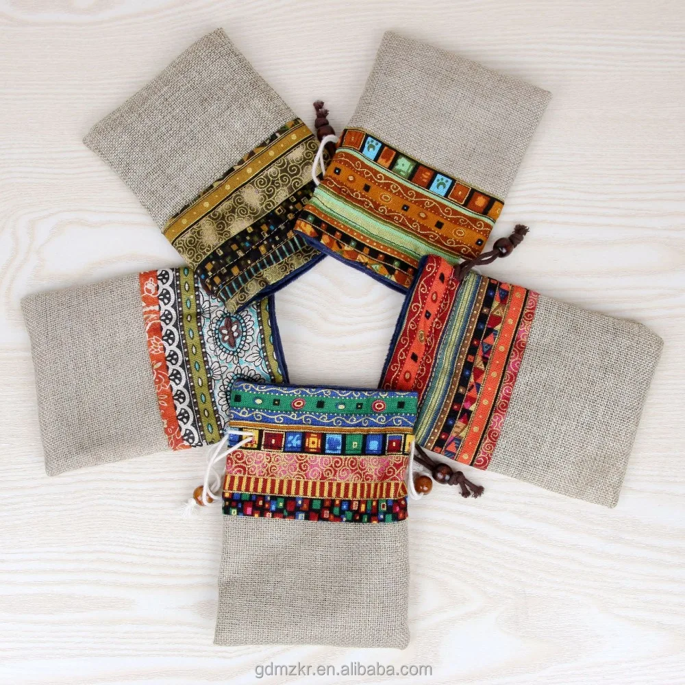 custom creative split joint cotton linen bag hemp drawstring pouch bag