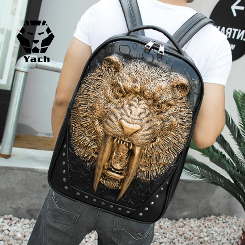 New large capacity computer outdoor travel waterproof pu animal stereo saber-toothed tiger male bag mens 3d backpack back pack