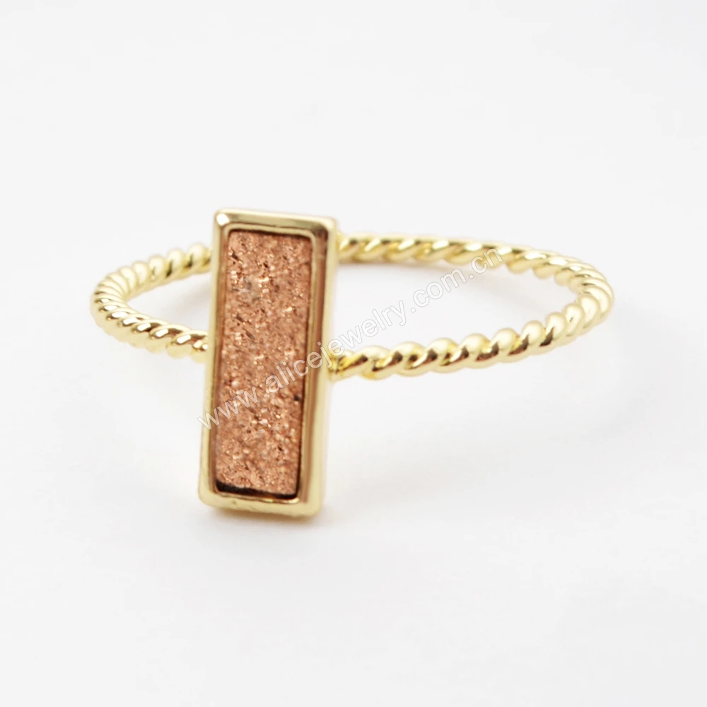 ZG0291 Hot Sales Rectangle Gold Plated Natural Agate Titanium Rainbow Druzy Bezel Ring, Moon Ring Jewelry