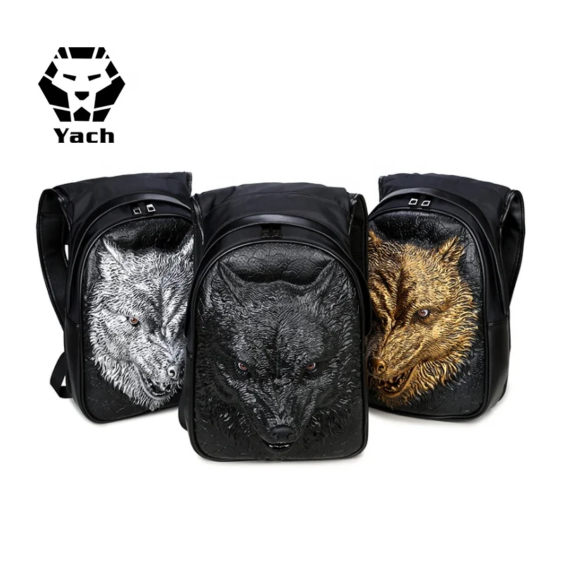 Creative hat pu backpack 3D fierce wolf men and women outdoor travel computer bag magic school pu laptop men backpack
