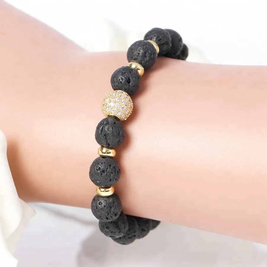 Bracelet Manufacturer Hot Sale 18K Gold Plating Micro Pave Black CZ Beads Bracelets, Men Bracelet Lava Stone Beads