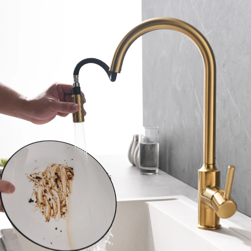 Luxury Single Handle Kitchen Faucet Sprayer Gold Kitchen Faucet Brass Modern Contemporary Ceramic Sinks Kitchen with Pull Down