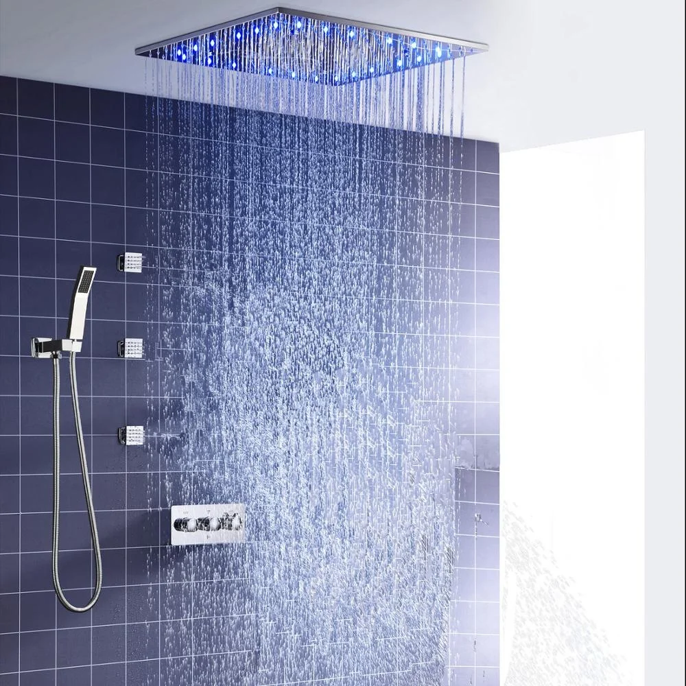 Bathroom LED shower Faucet Set 20Inch 20inch SUS304 Mirror Rain Misty Square Shower Head With 2inch Massage Body Jets Set