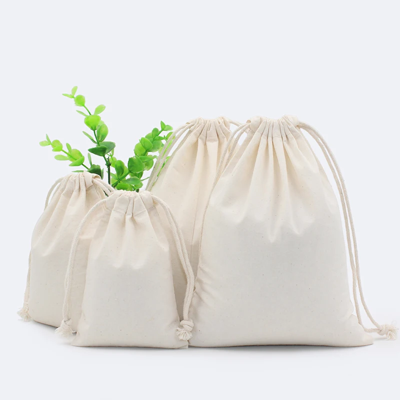 130g Natural Pure White Cotton Eco Drawstring Pouch Packaging Gift Bag Logo Printed Jewelry Bag
