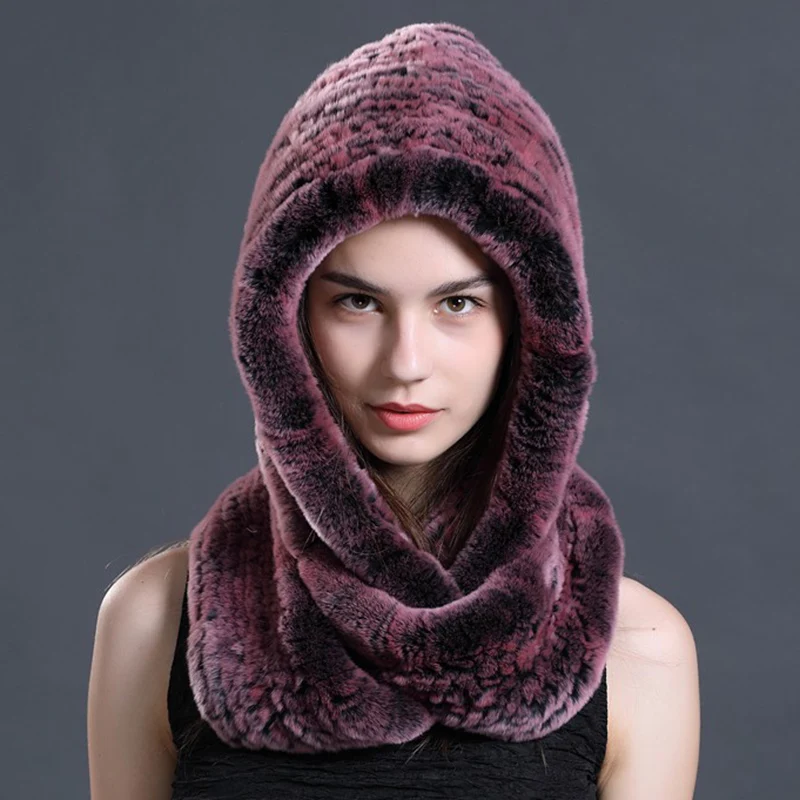 CX-C-142D 2021 New Style Rex Rabbit Fur Knitted Hooded Scarves