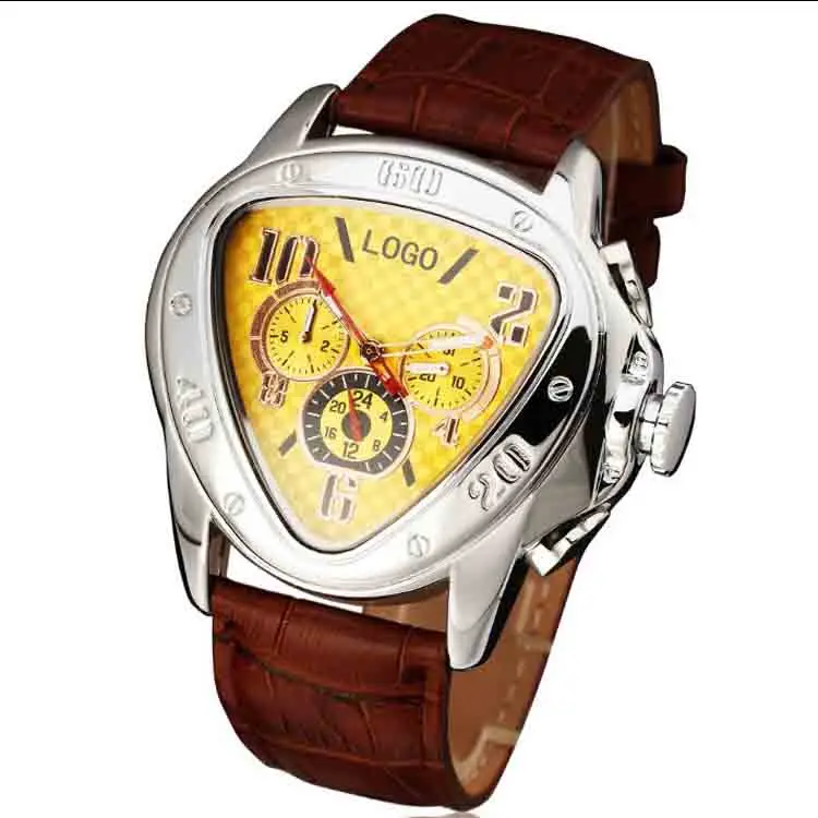 Часы наручные мужские с треугольным циферблатом, автоматические механические с большим циферблатом, 3 глаза, 6 игл, с ремешком из натуральной кожи, в деловом стиле