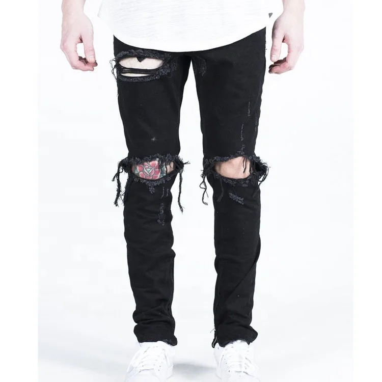 Wholesale Custom Fashion Black Straight Ripped Denim Man manufactures of cheap jeans