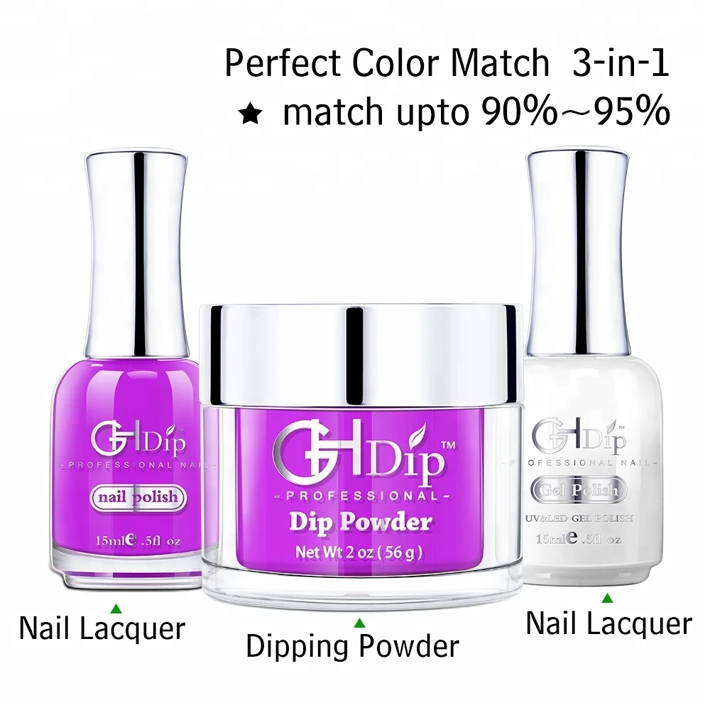 Custom Private Label Glitter Nails 3 in 1 Acrylic Dipping Powder colors match gel and lacquer