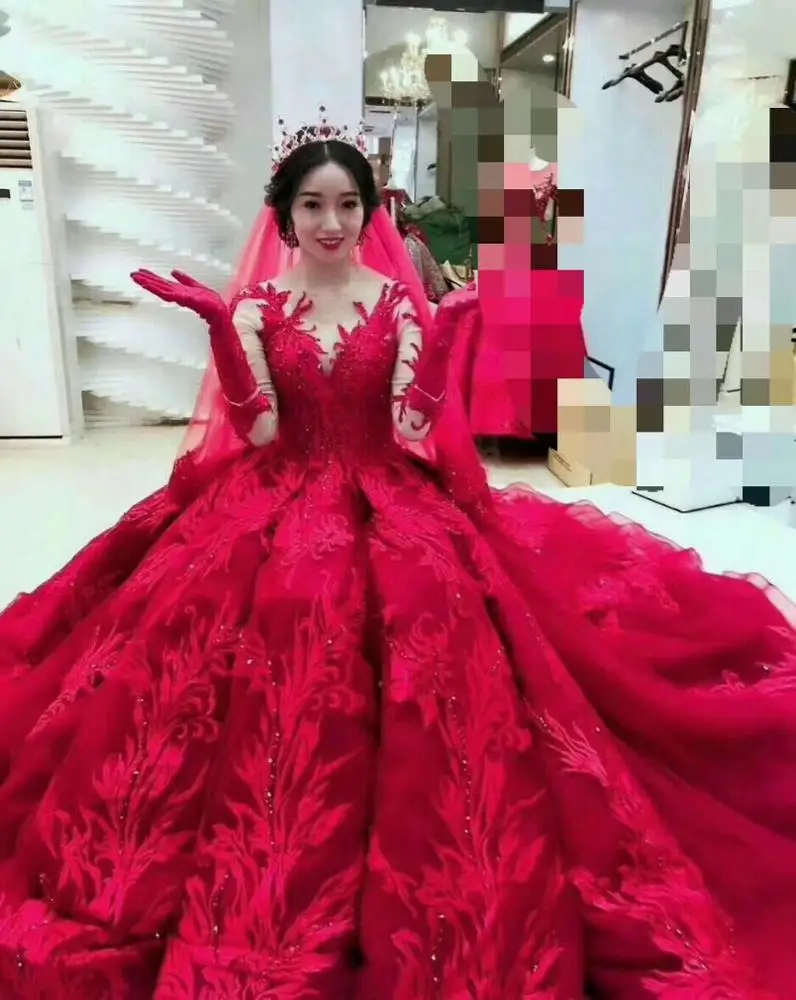 Red Wedding Dresses new Elegant Ball Gown Wedding Dresses 3/4 Sleeves Luxury Heavy Beaded Bridal Gowns Bridal Dresses