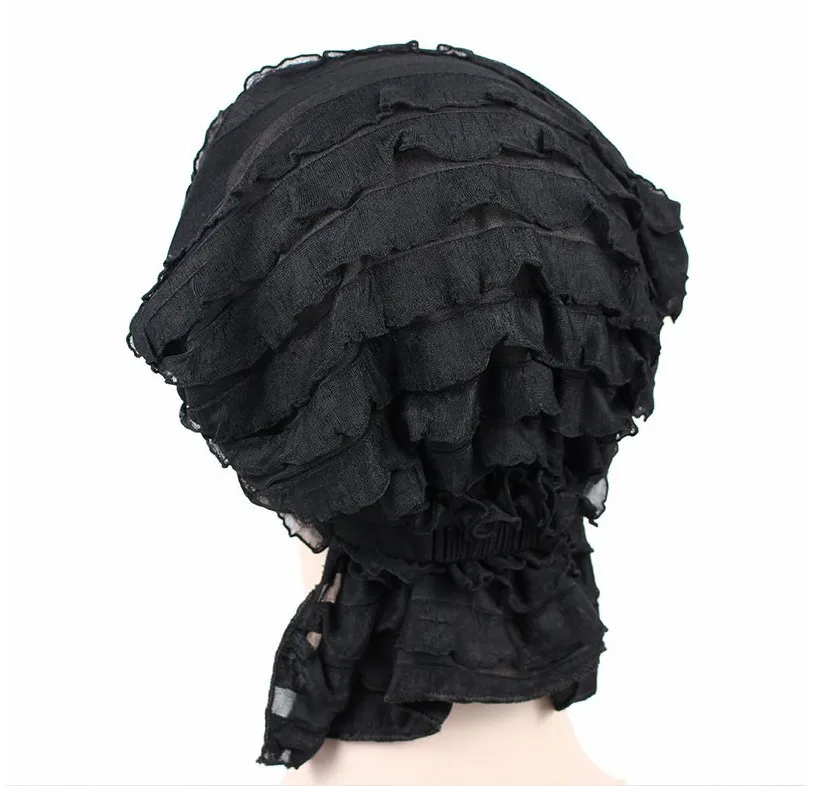 Wig Cap Turban Wrinkle Muslim Ruffle Chiffon Tripe Scarf Chemotherapy Hat Beanies Headwear for Women F0242