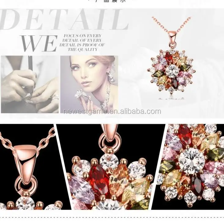 
wholesale retail Hermosa Jewelry Necklace Rose Gold Plated Multi Colored Zircon Flower Pendant free shipping 