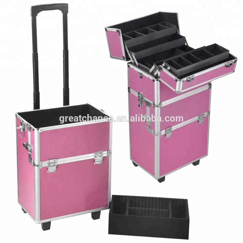 Pink 3 in 1 Pro Aluminum Rolling Makeup Case Salon Cosmetic Organizer Trolley