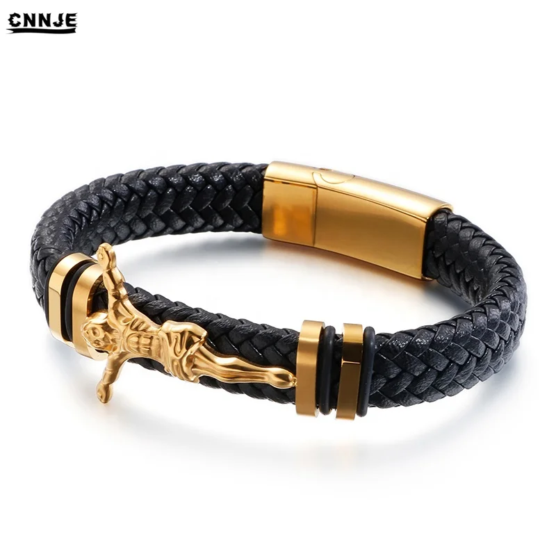 Custom Wholesale Jewelry Gold Plated Jesus Bracelet Braid Leather Men Bracelet