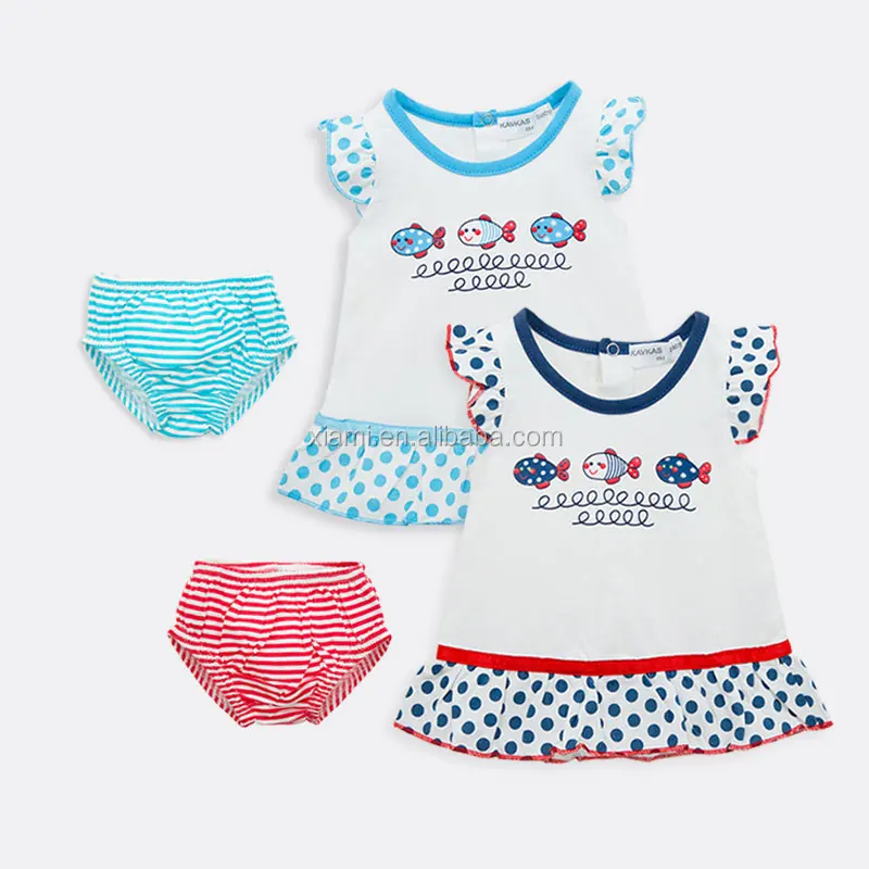 hot saling summer lovely fish pattern blue and black round dot two piece cute baby girl dress