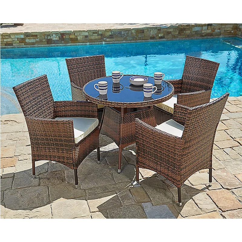 4-Seat Rattan Wicker Round Dinning Table with Chair