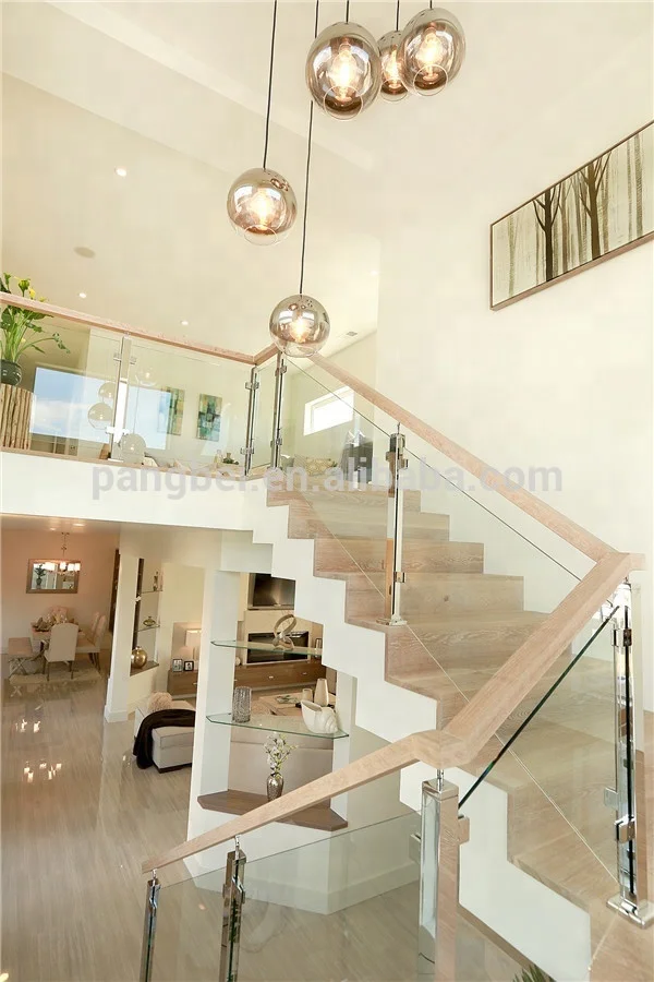 
fancy solid wooden stair railing plus tempered glass for courtyard 