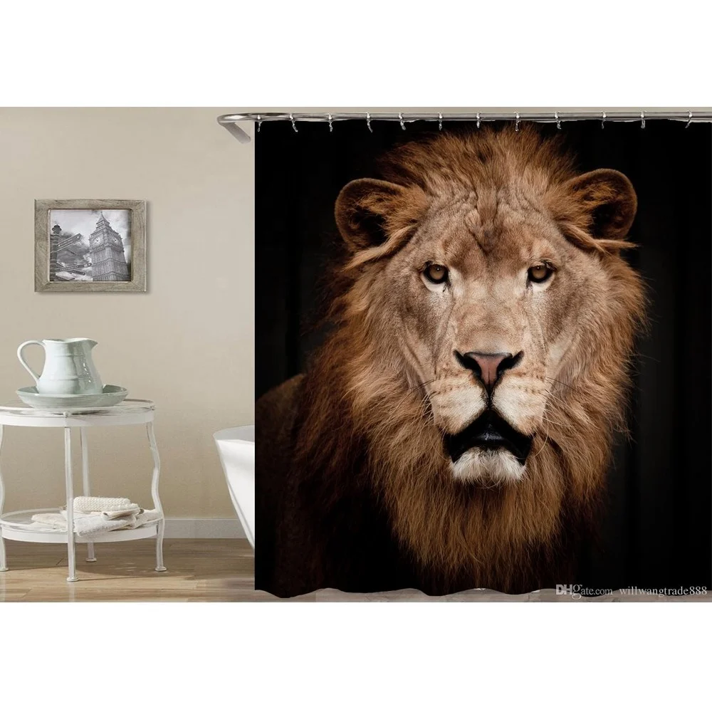 2024 Newest Custom Design Bathroom High Definition 3D Printing Mouldproof  King Lion Polyester Shower Curtain
