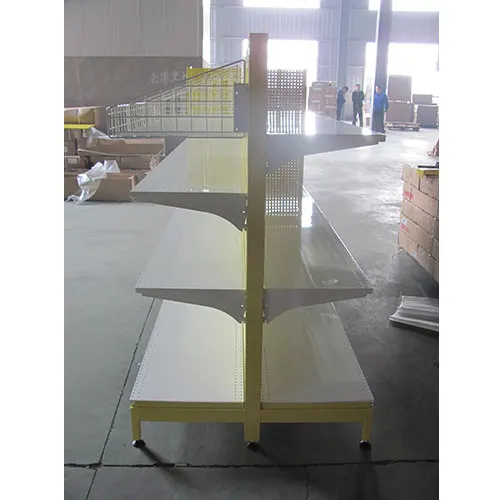 AU50 gondola shelving with wire basket shelves in Australian market with bright yellow powder coating surface