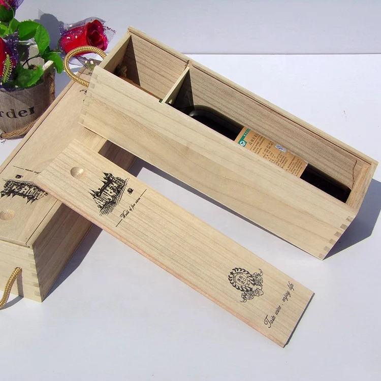 One bottle wine packaging wood boxes Wholesale raw wooden wine box with slide lid