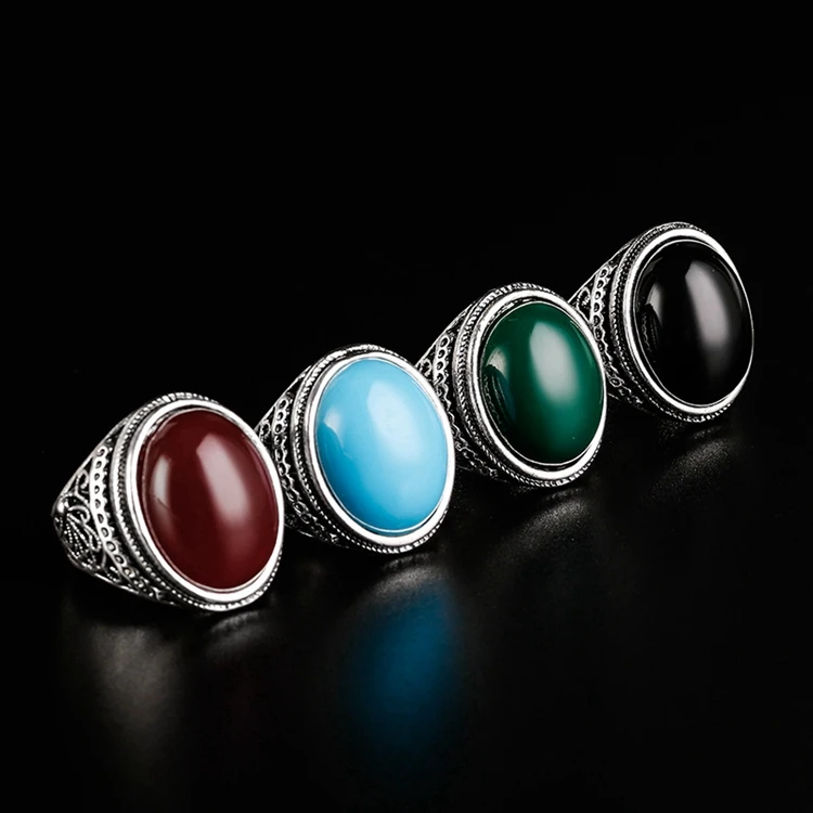 RW-115 Fashion Bohemia Style Big Agate Stone Retro Delicate Carving Anti-Silver Alloy Ring