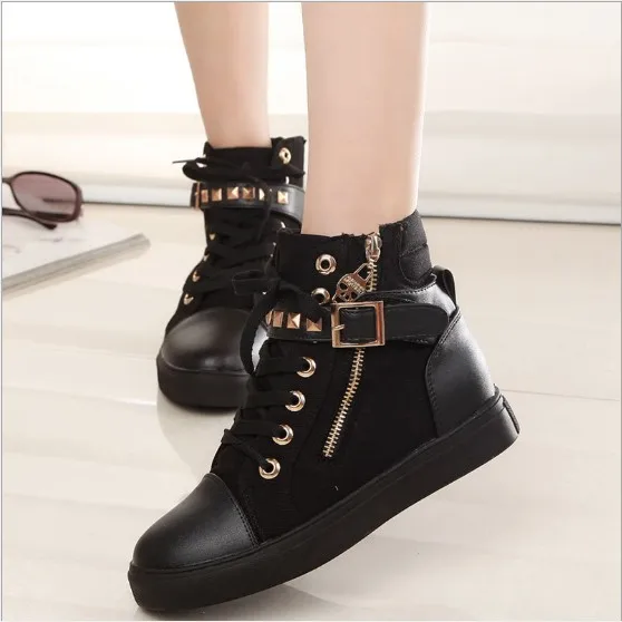 up-0111C woman canvas shoes with high tops zipper rivet student flat shoes
