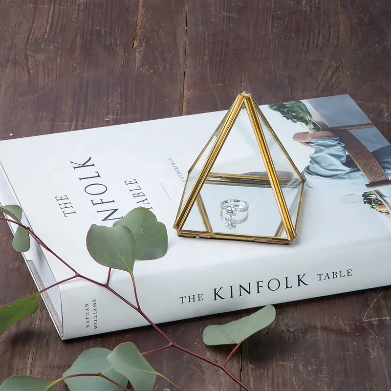 Геометрическая прозрачная стеклянная шкатулка для хранения, прозрачная коробка из розового золота и латунной пирамиды, шкатулка для украшений, Террариум, Декоративный металл