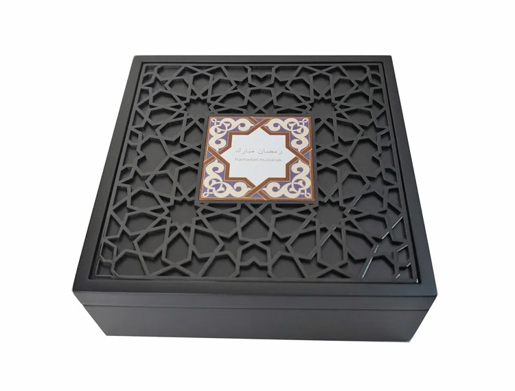Custom new design laser cut wooden gift boxes for ramadan festival, engraved wooden dates box
