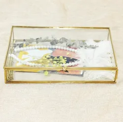 Retro Rectangle Cover Black Gold Brass Glass Jewelry Cosmetic Organizer Box