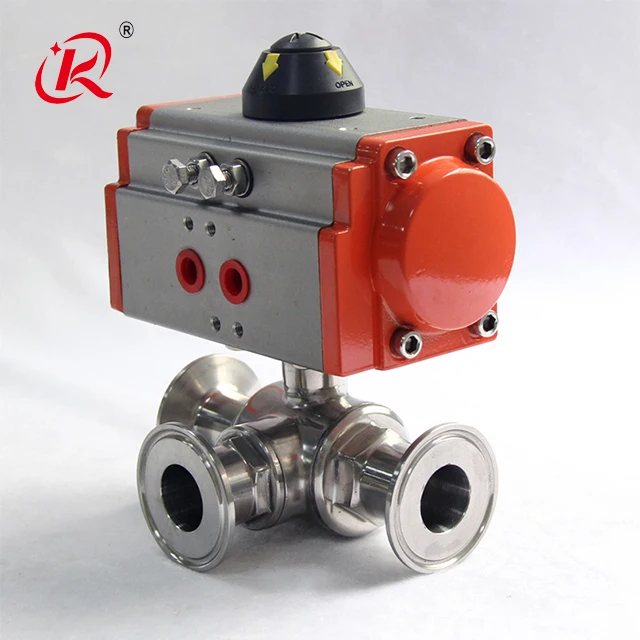 KQ Sanitary Food Grade L T Type Stainless Steel 304 316 Three Position Tri Clamp 3 Way Pneumatic Control Actuator Ball Valve