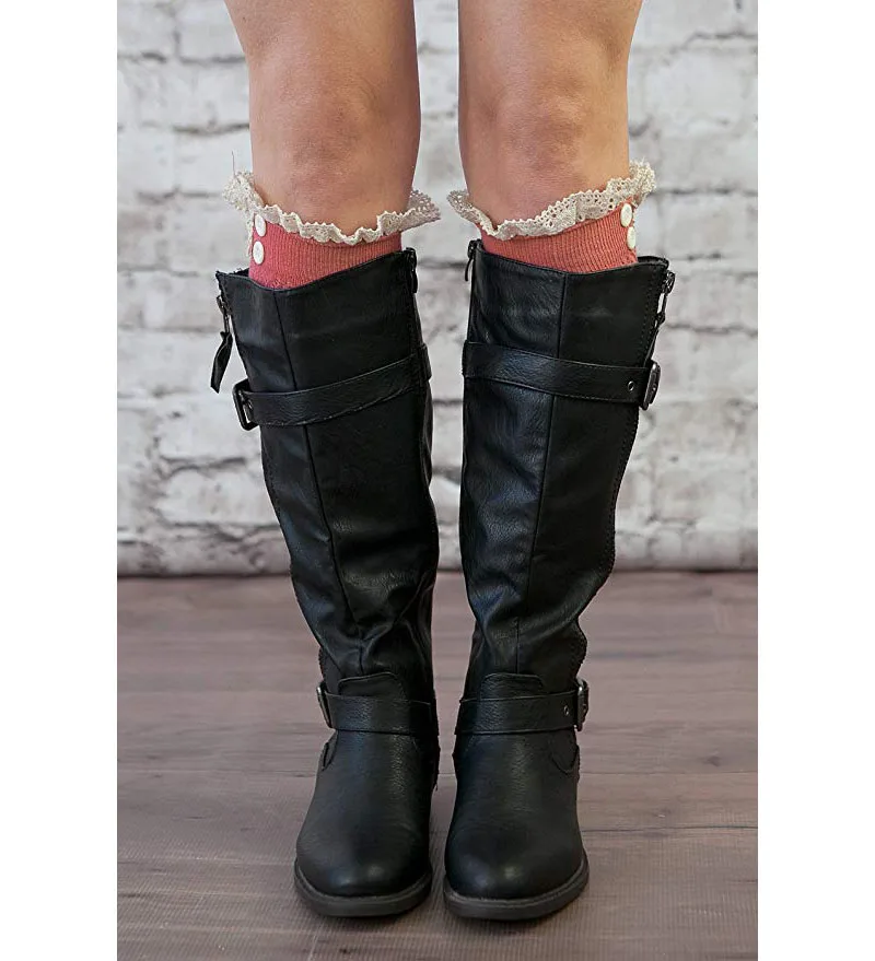 AJ186044 Hot Sale Black Stock Cheap Knitted Ruffles Lace Boot Socks with Buttons