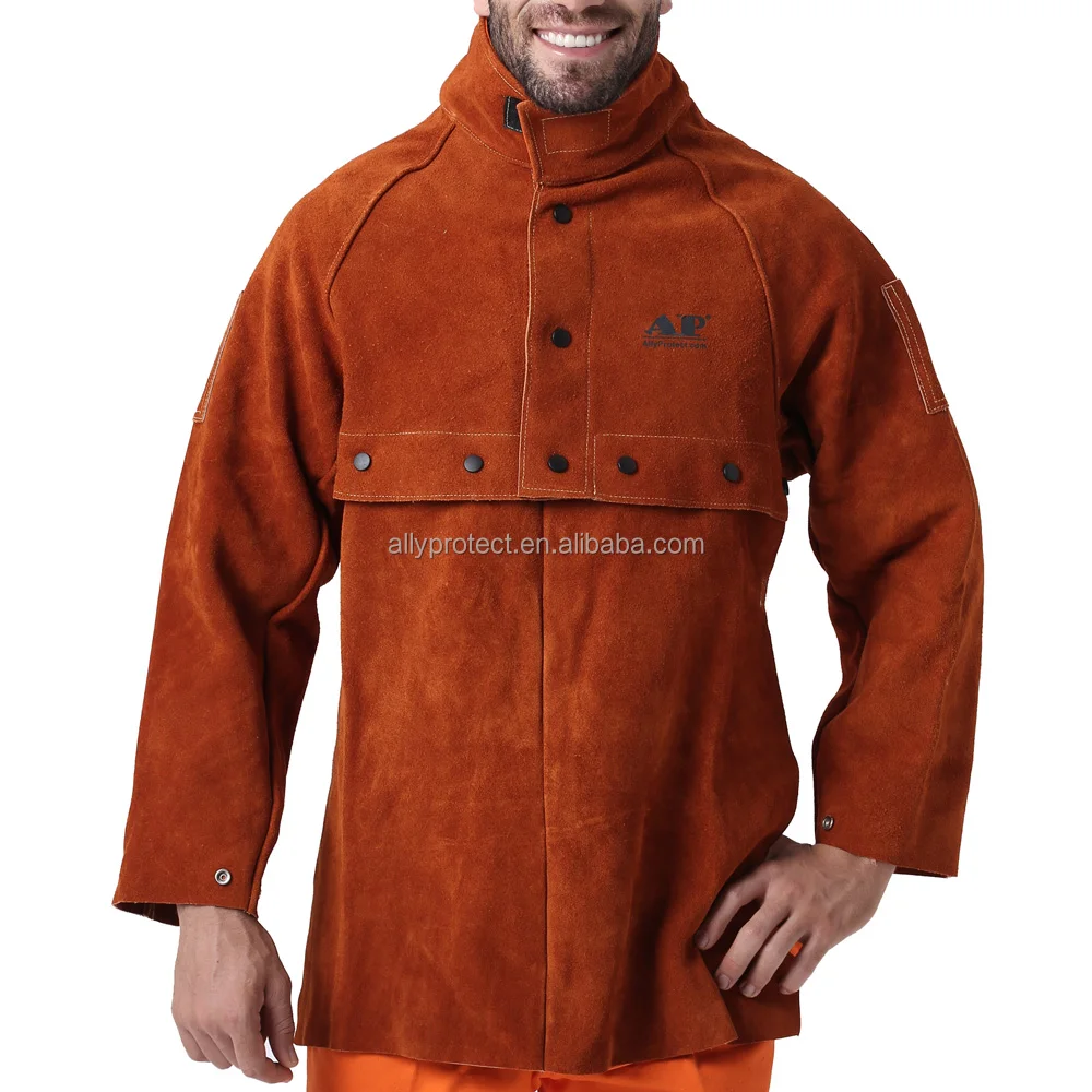 
AP-7188 A grade coffee split cowhide heat resistant leather cape sleeve with AP-7189 leather bib apron in welding clothing 
