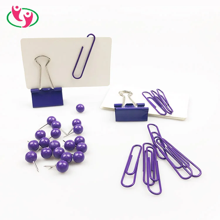 Purple Color Metal Binder Paper Clip Map Push Pin Memo Pad Stationery Set