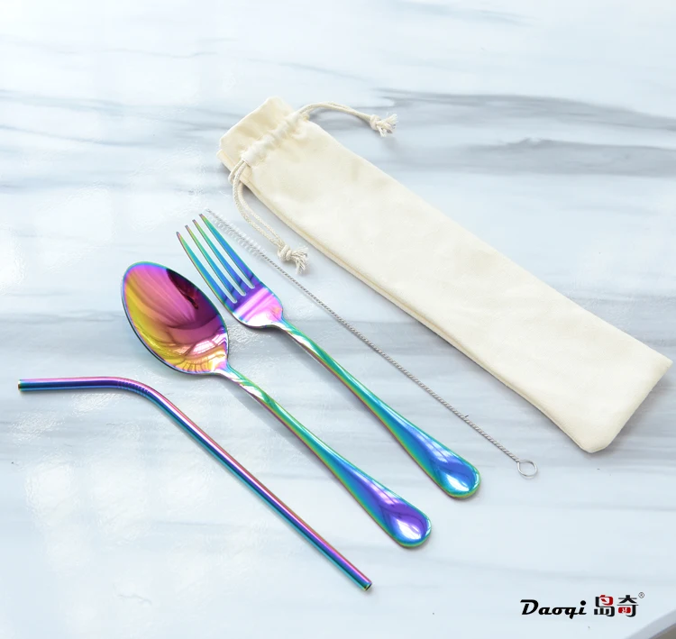 Customized logo dinnerware cutlery set modern design simple plain food safe travel cutlery set with pouch
