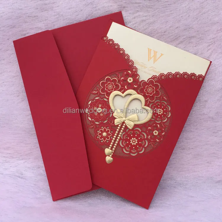 
Laser cut double heart design chinese wedding invitation card 