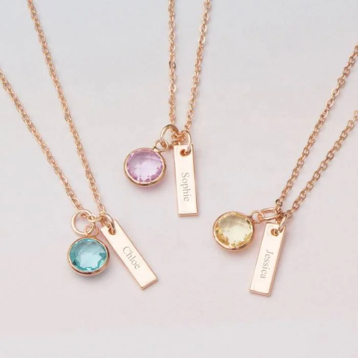 18 inches Personalized Pendant Necklace in Stainless Steel 12 Colors Birthstone Charm and Bar Pendant with Name or Saying