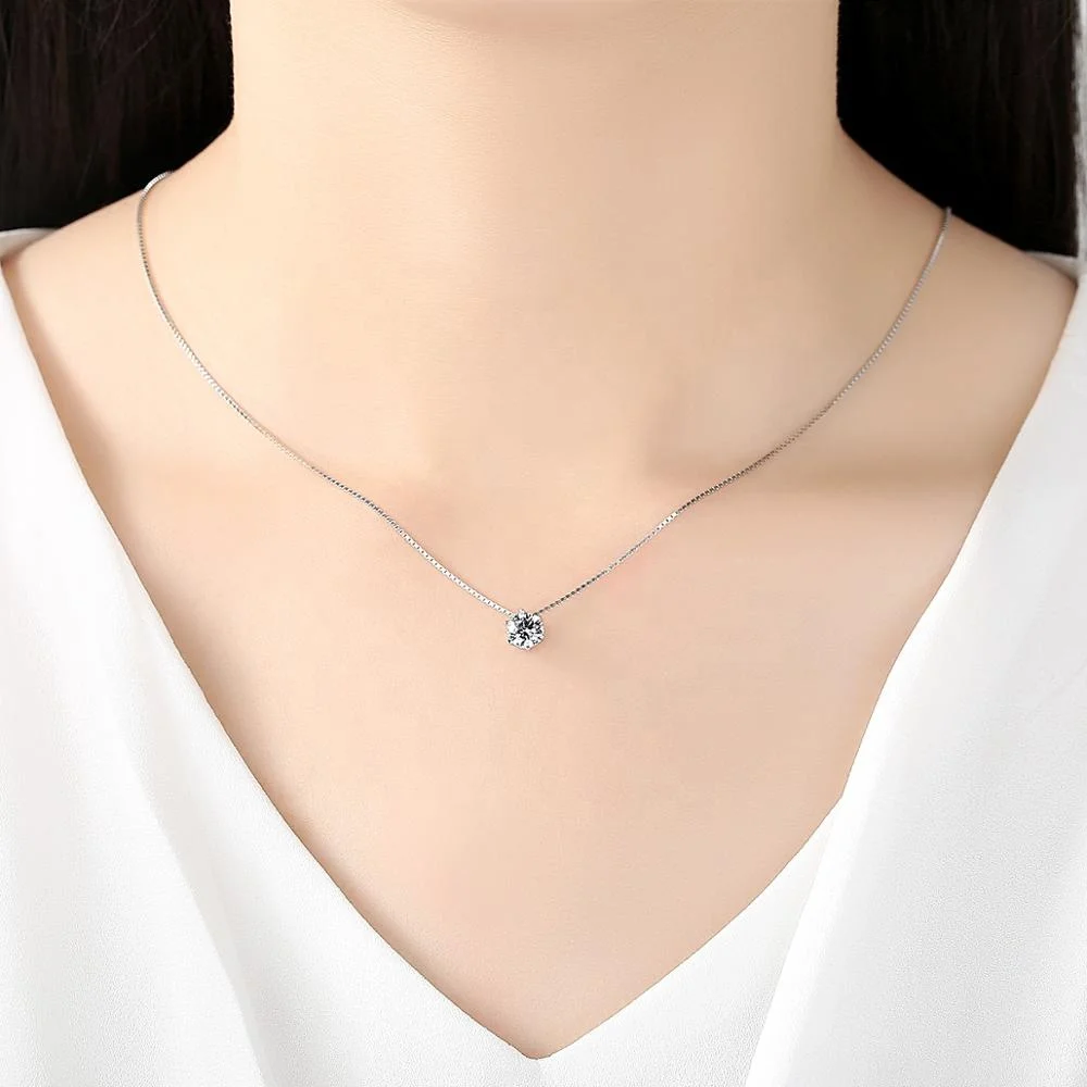 CZCITY Classic White Gold Plated Six Claws Cubic Zirconia 925 Sterling Silver CZ Diamond Pendant Necklace for Women Jewelry Gift