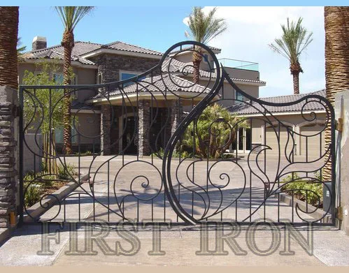 Черные лазерные резки кованые железные одиночные подъездные ворота автоматические с ручными боковыми воротами