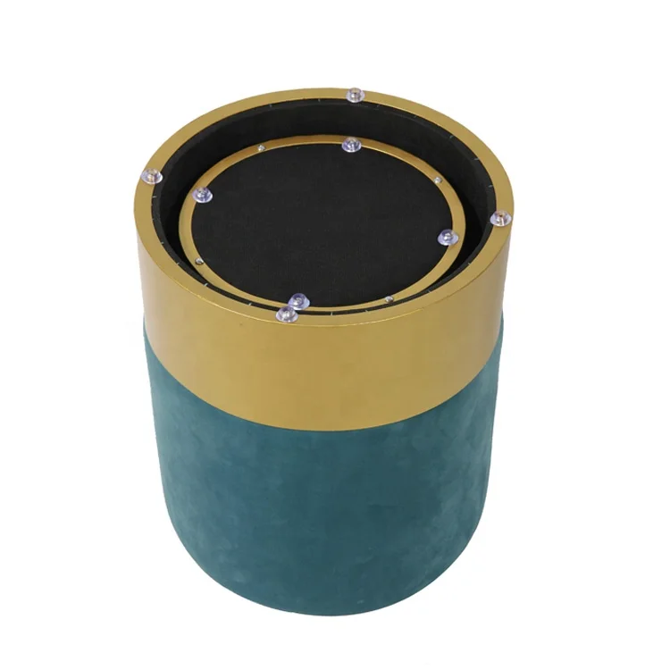 velvet fabric round ottoman stool with gold matel base