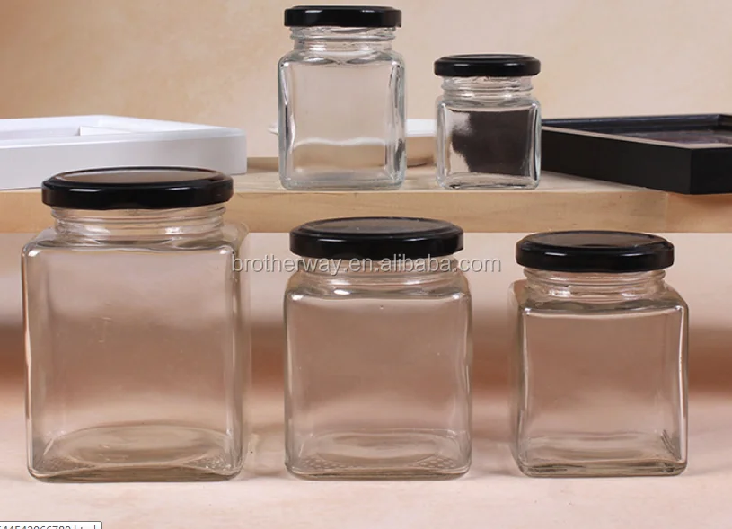 stocked variety of styles and sizes victorian square glass jar for honey, jam