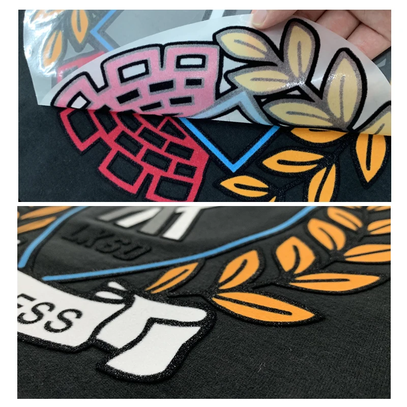 Custom logo printing fabric 3d label flock heat transfer sticker for clothes