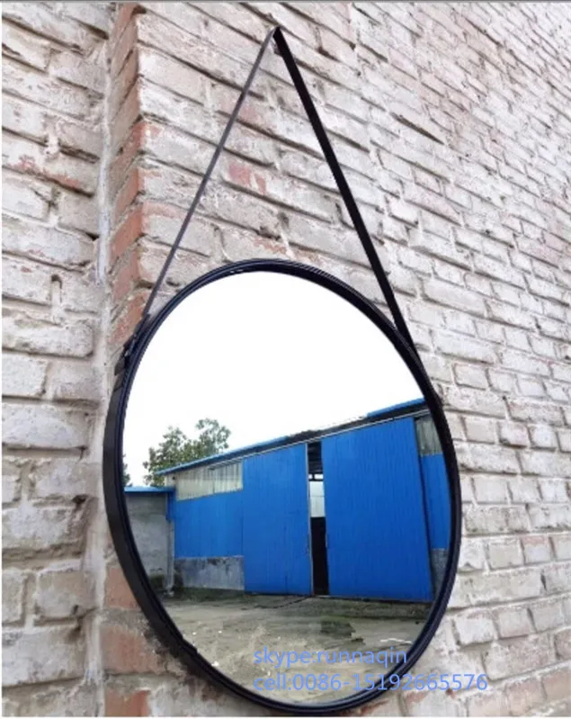 China manufacturer wall decorative mirror with black frame round metal framed mirror with leather strap 50x50 55cmx55cm 60x60cm