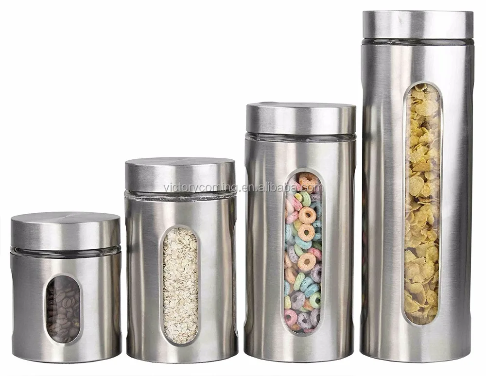4 Piece Brushed Stainless Steel and Glass Canisters with Window Silver