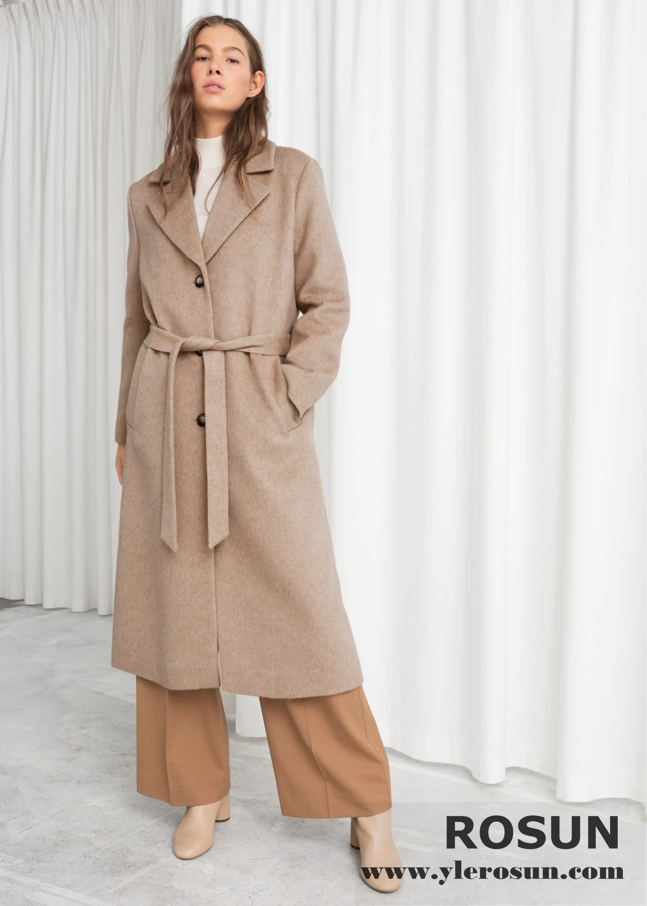Women Winter  Alpaca And wool Blend Fully lined  Stand-Collar  Coat In A Relaxed Fit with Belted Waist