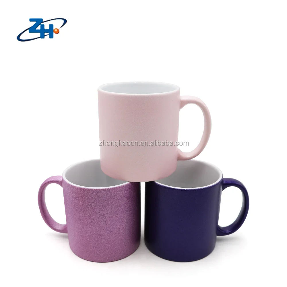 Eco-friendly custom design tea coffee cups reusable 11oz glitter color ceramic sublimation blanks change mug