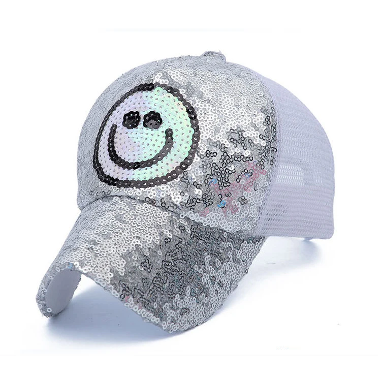 Customize plain paillette shiny color glitter Smile face sequin cap