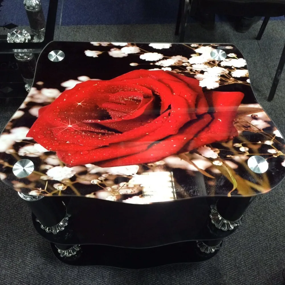 
Good Quality Red Glass Coffee Table with Rose Flower 