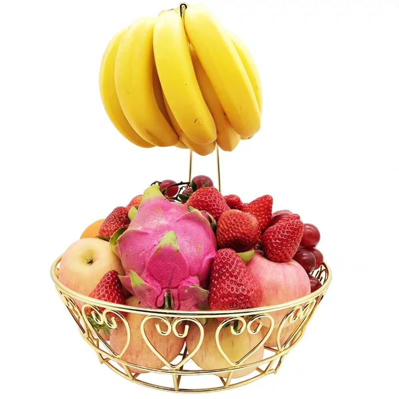 Gold Fruit Basket Bowl with Banana Tree Hanger Fruit Basket Drainer Rack Storage Fruit Basket