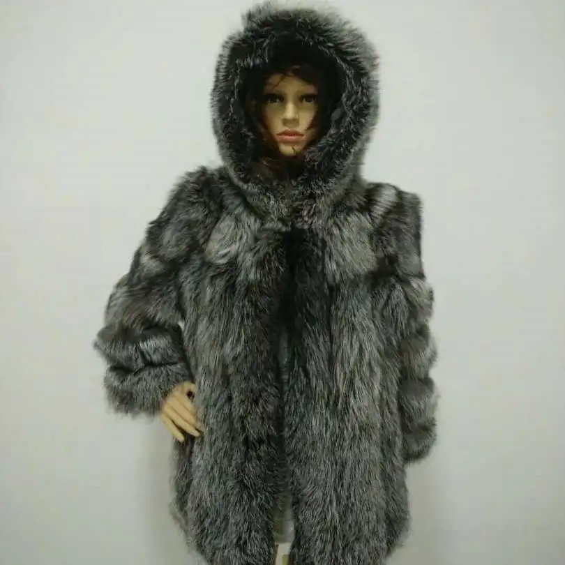 2019 Plus Size Women Hooded Thickening fully Sliver Fox Furcoat  Russian Winter  fox Fur hooded Coat